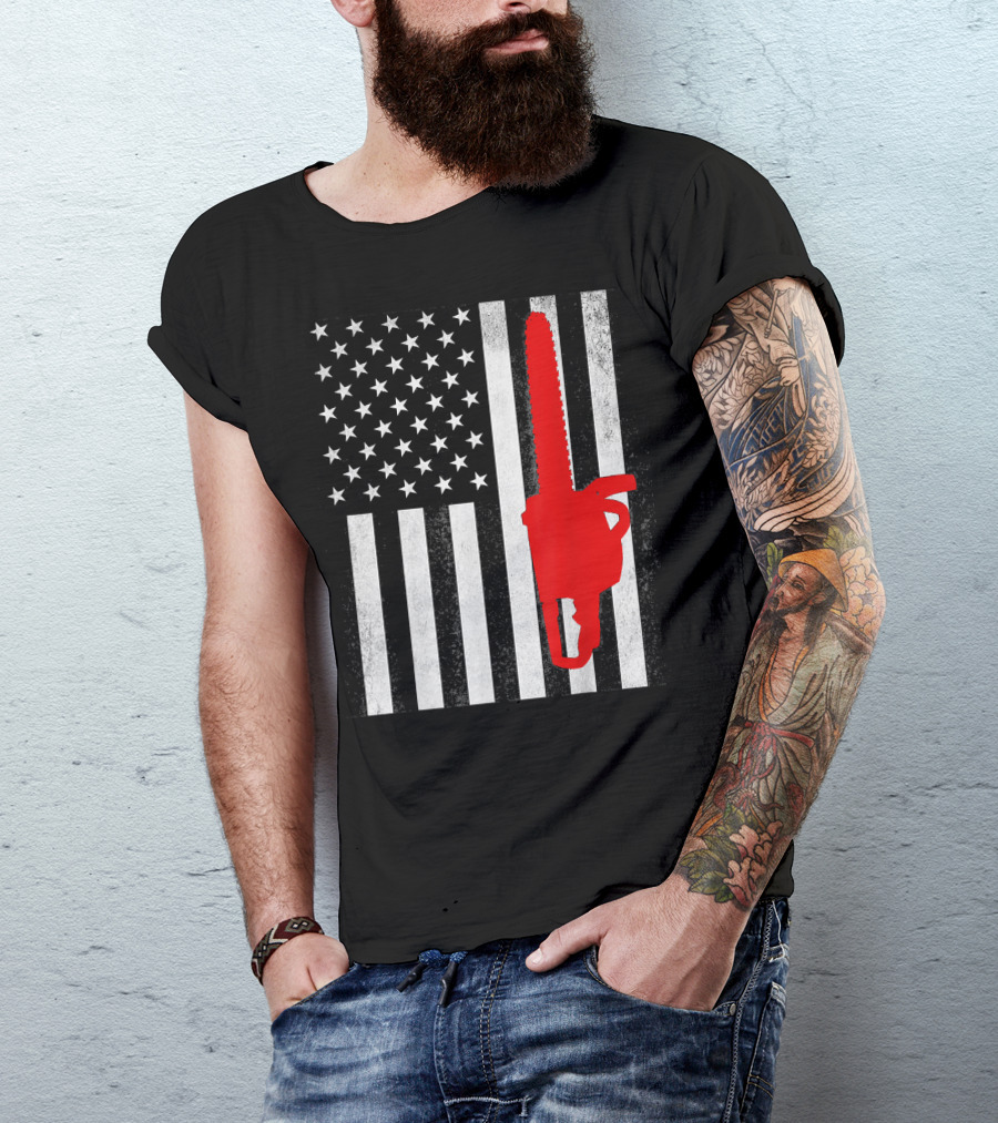 Ameri Mens Patriotic Lumberjack Chainsaw American Flag T-Shirt
