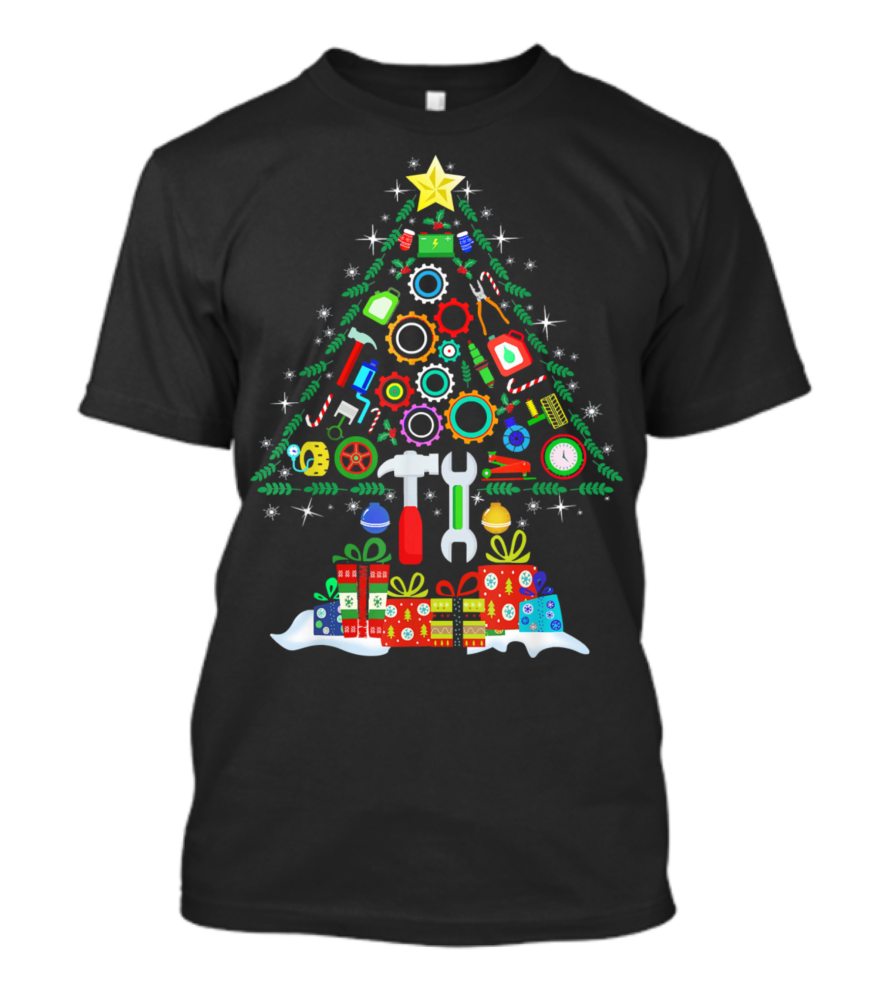 Merry Christmas Tree With Mechanic Tools And Holiday Gifts T-Shirt