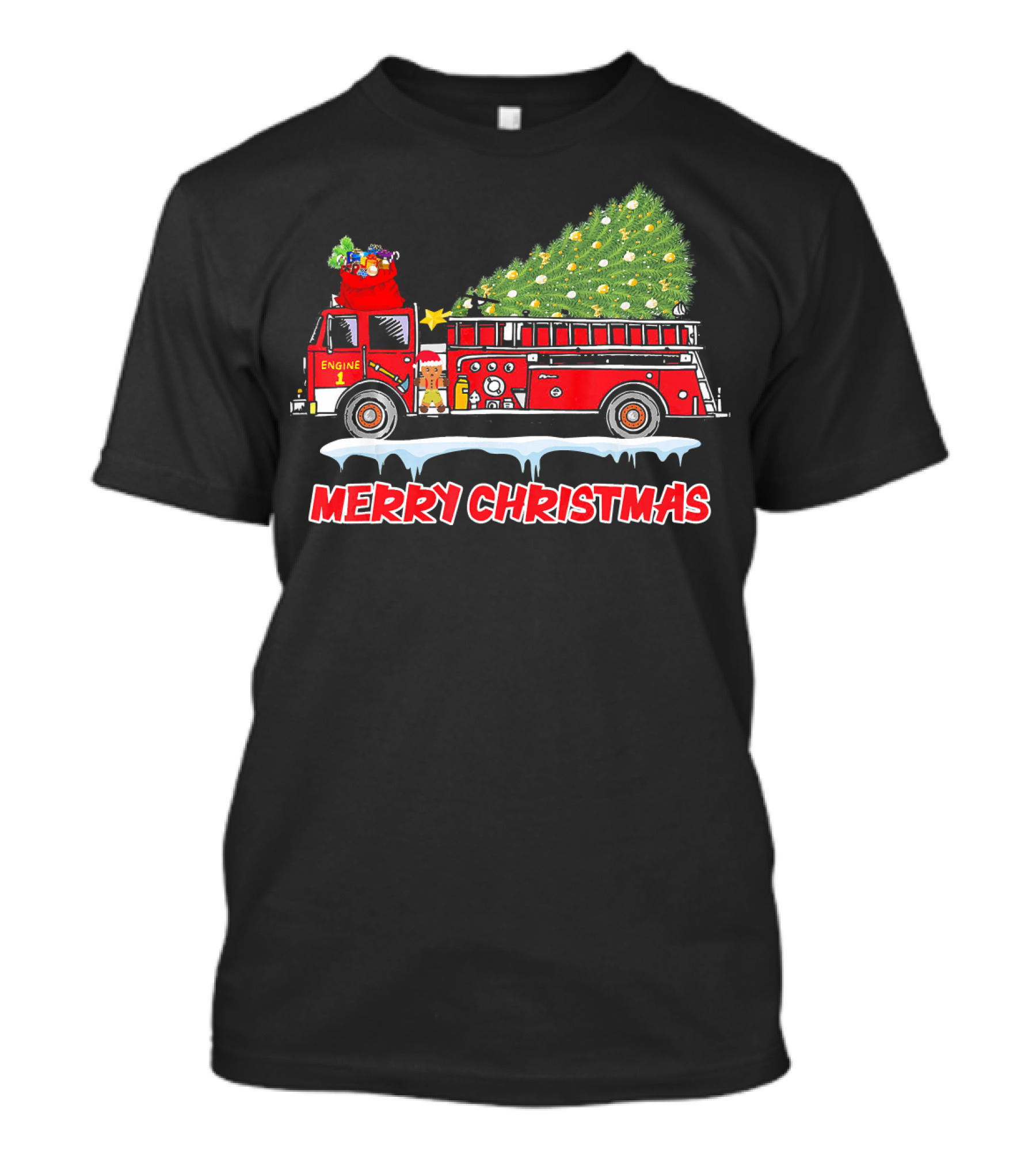 Merry Christmas Firetruck Santa Firefighter Engine 1 Christmas Tree T-Shirt