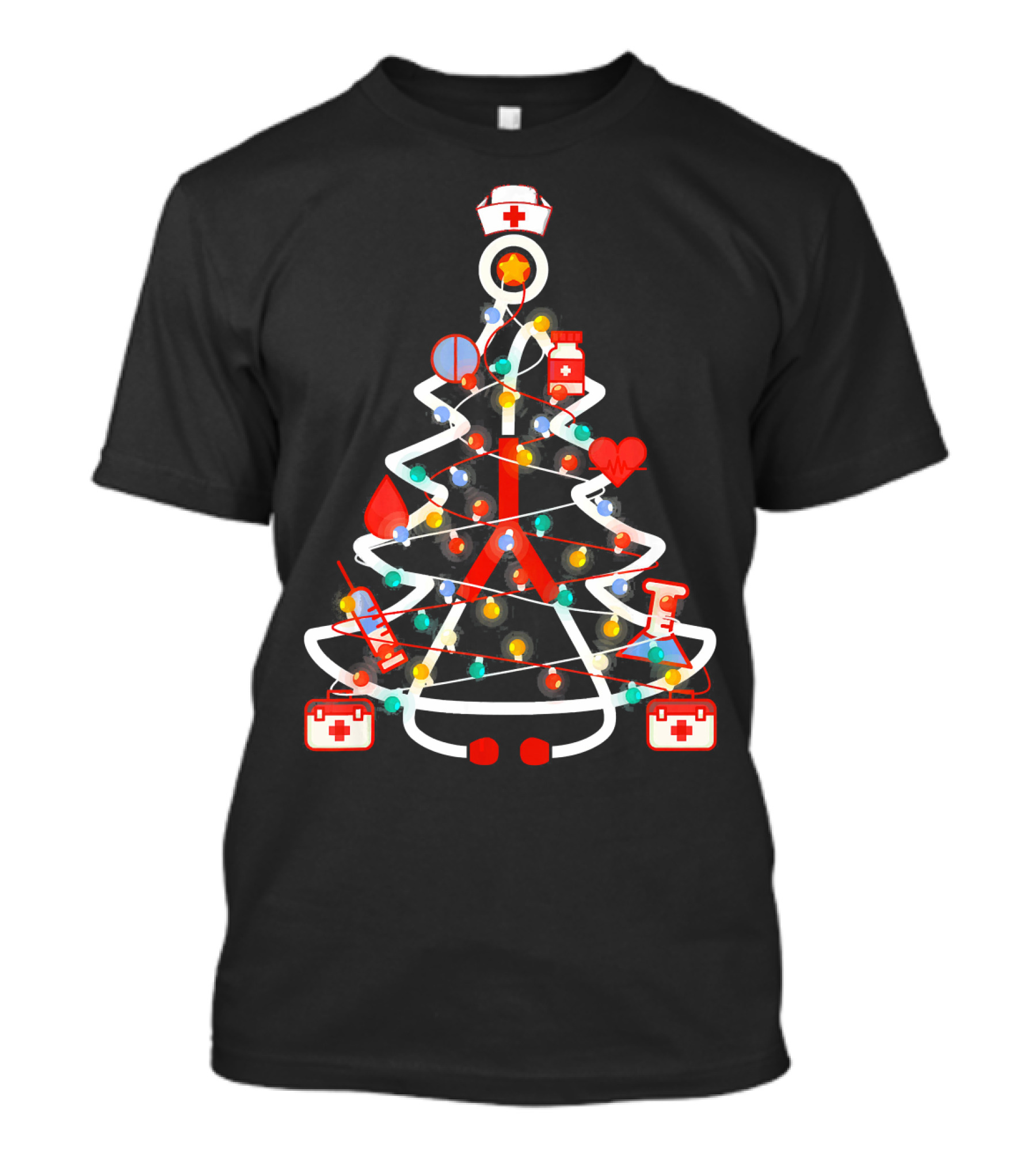 Merry Christmas Nursing Tree With Stethoscope And Medical Symbols T-Shirt