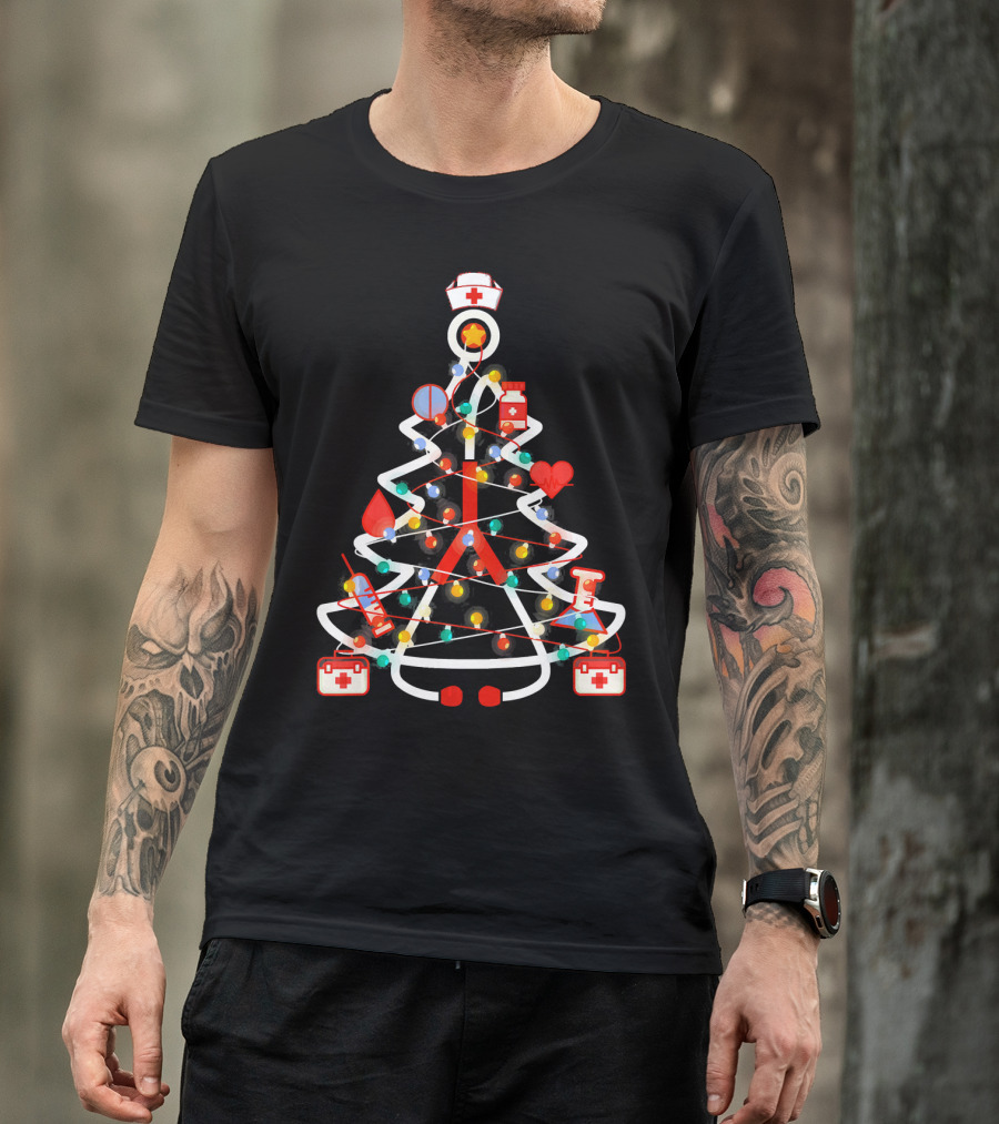 Merry Christmas Nursing Tree With Stethoscope And Medical Symbols T-Shirt