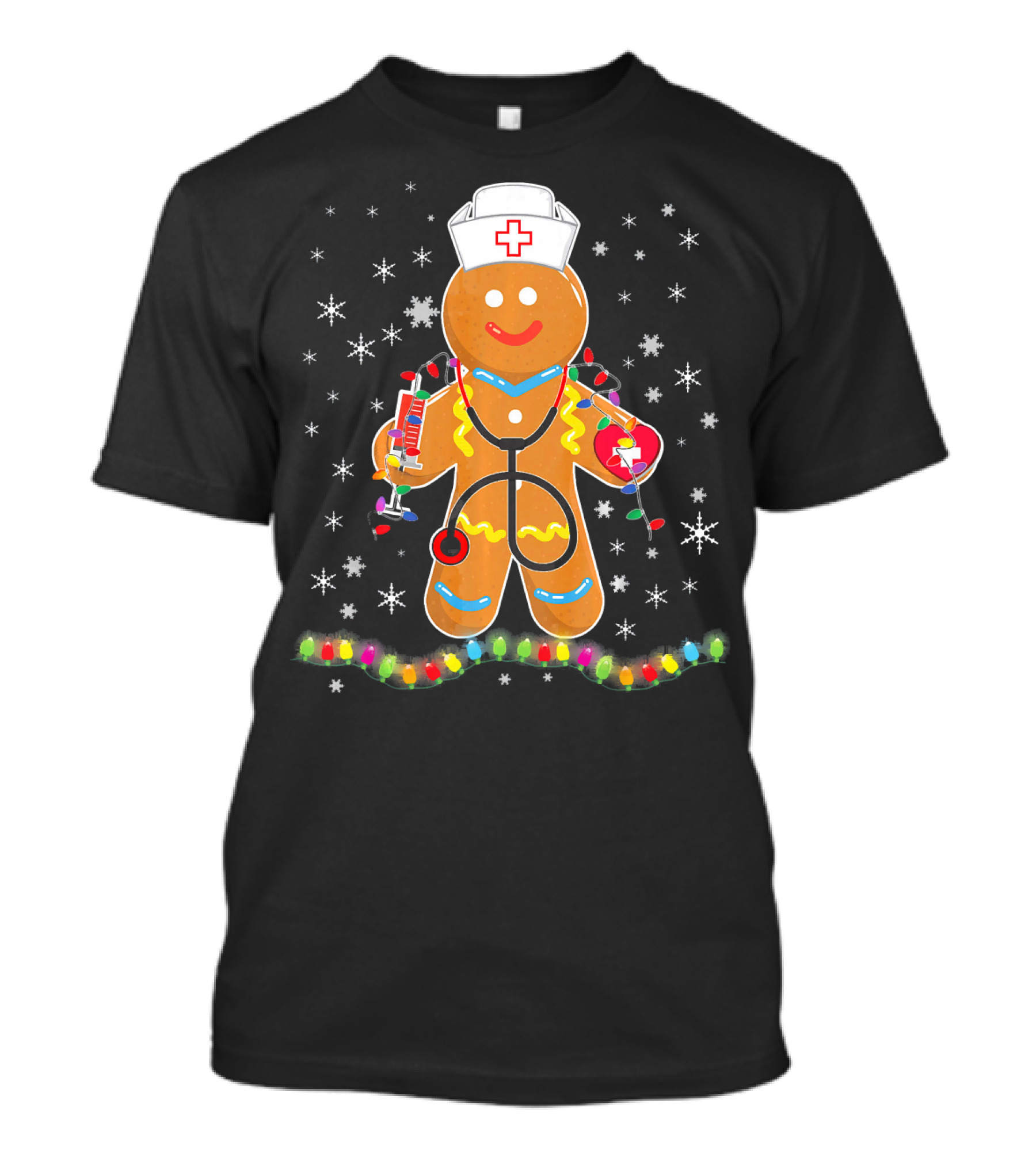 Medical Scrub Top Gingerbread Nurse Holiday Lights Stethoscope Snowflakes T-Shirt