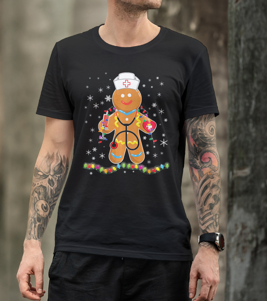 Medical Scrub Top Gingerbread Nurse Holiday Lights Stethoscope Snowflakes T-Shirt