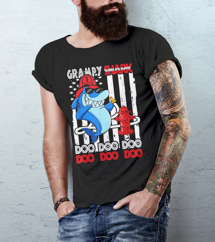 Grampy Shark Firefighter Doo Doo Doo Doo Doo With American Flag And Hydrant T-Shirt