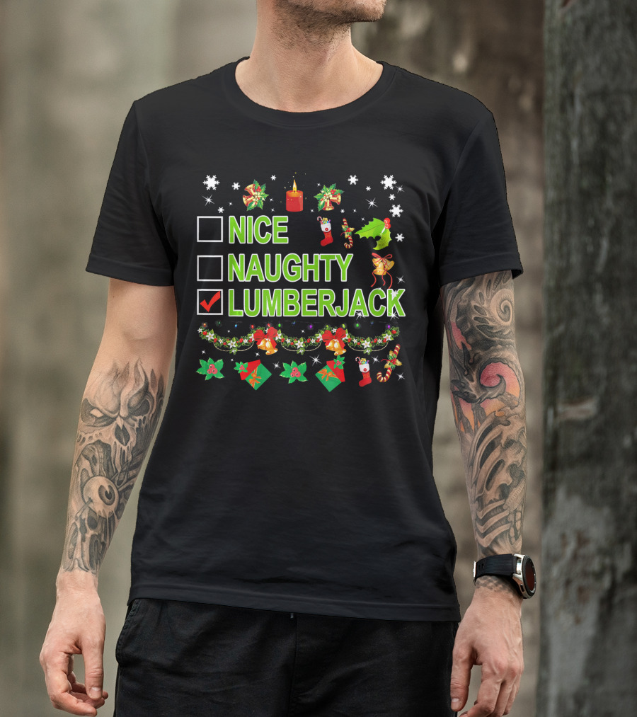 Merry Christmas Check Nice Naughty Lumberjack Candles Stockings Holly Snowflakes T-Shirt