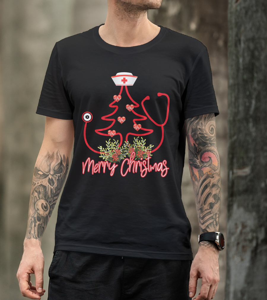 Merry Christmas Nurse Yuletide Stethoscope Tree T-Shirt