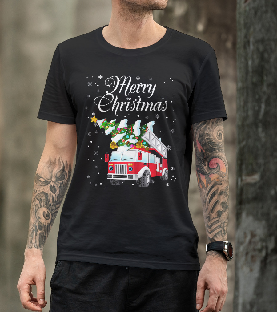 Merry Christmas Fire Truck With Tree And Snowflakes T-Shirt