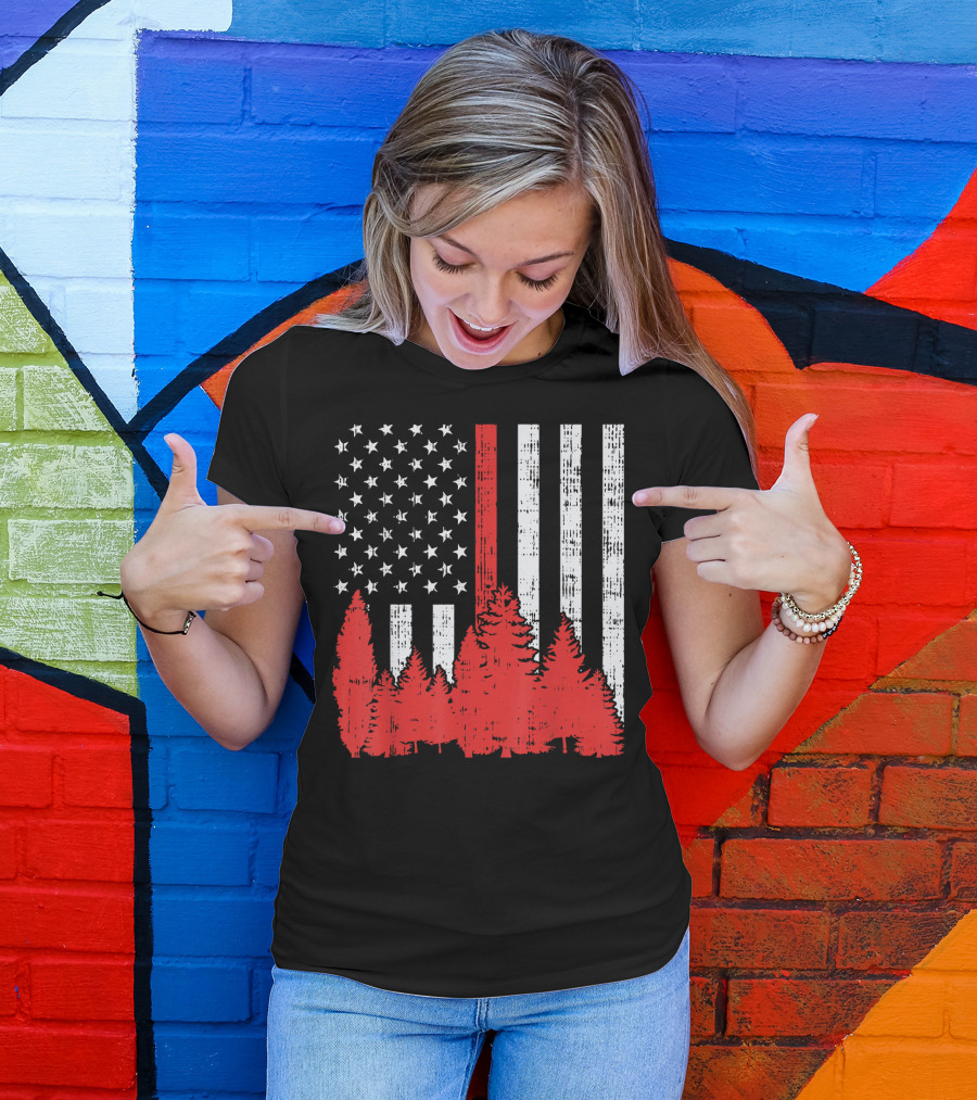 Mens Thin Red Line USA Flag Forest Firefighter Support T-Shirt