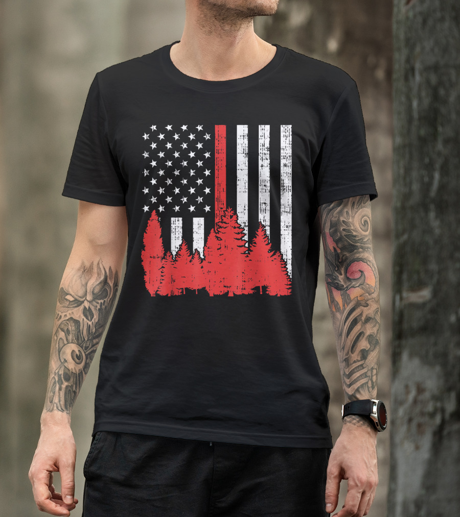Mens Thin Red Line USA Flag Forest Firefighter Support T-Shirt