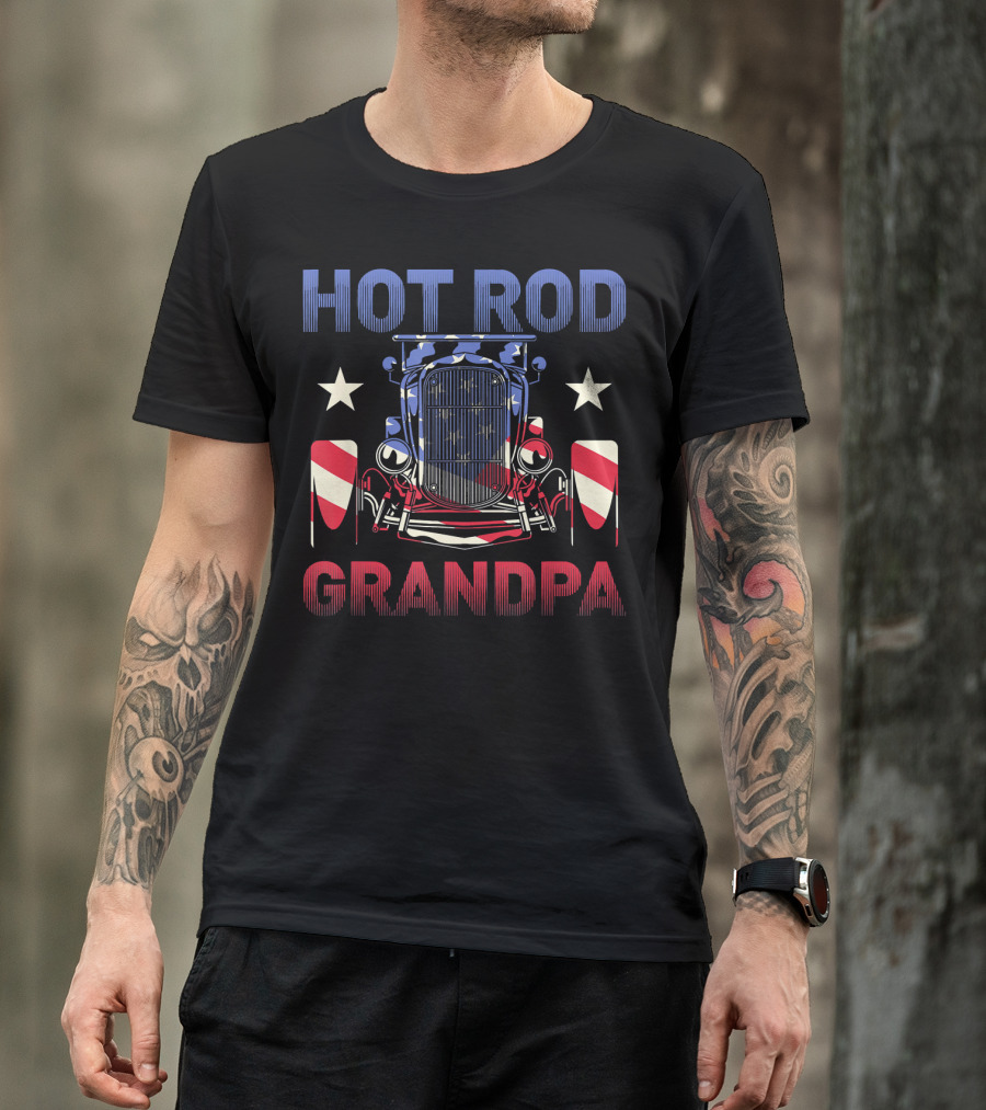Hot Rod Grandpa American Flag Vintage Car Stars T-Shirt