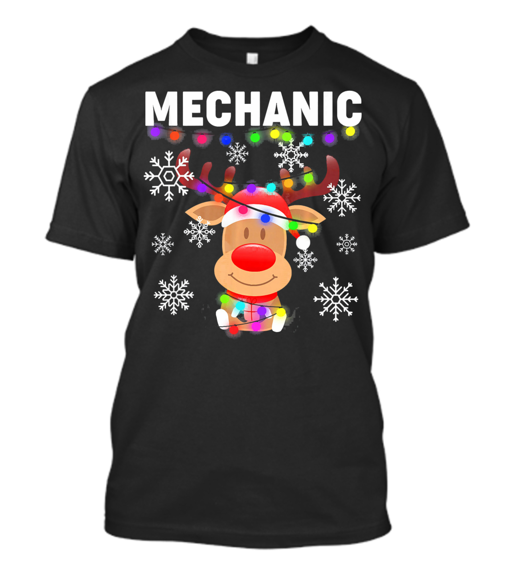 MECHANIC Reindeer With Santa Hat Christmas Lights And Snowflakes T-Shirt