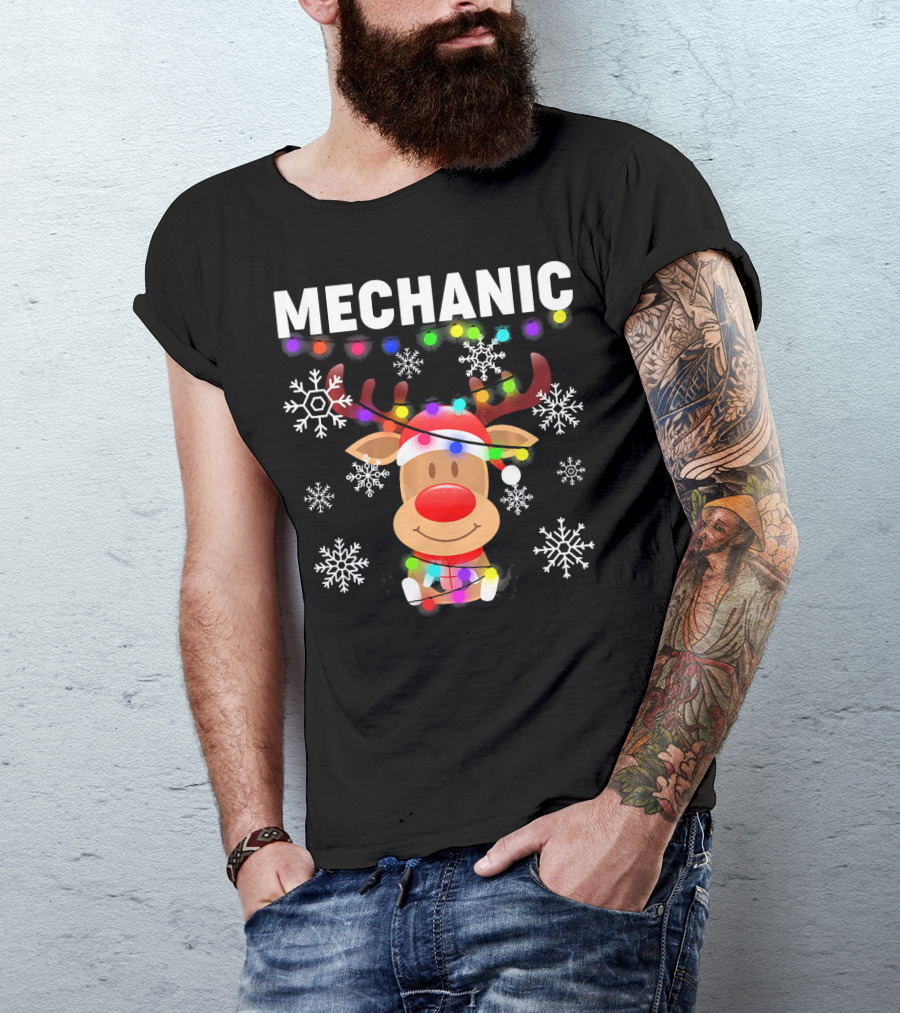 MECHANIC Reindeer With Santa Hat Christmas Lights And Snowflakes T-Shirt