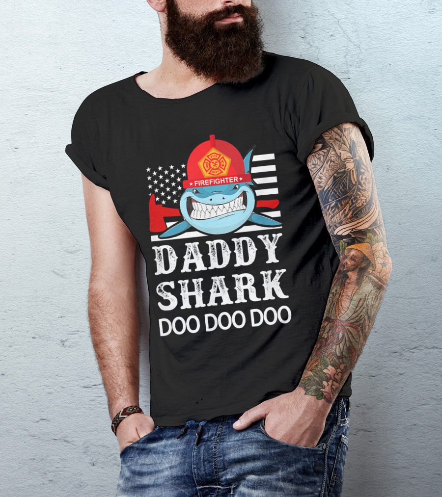 Daddy Shark Doo Doo Doo Firefighter USA Flag Helmet T-Shirt