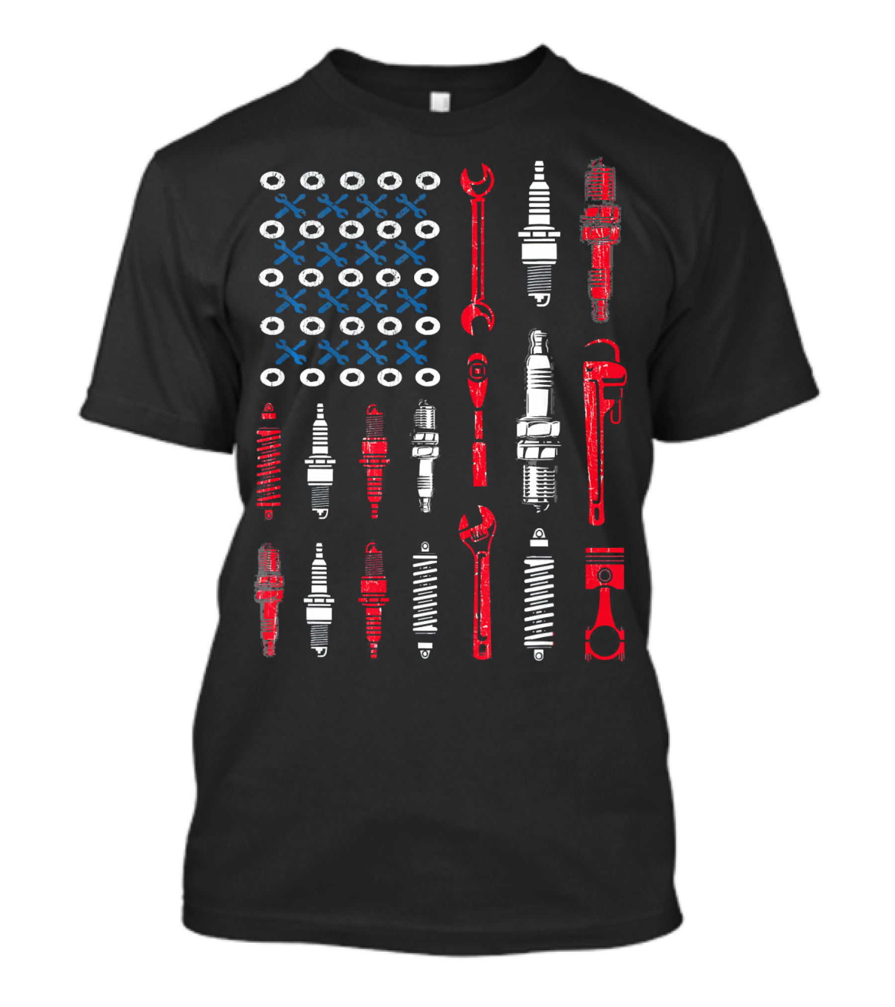 Mechanics Toolbox American Flag Wrench Spark Plug Piston T-Shirt