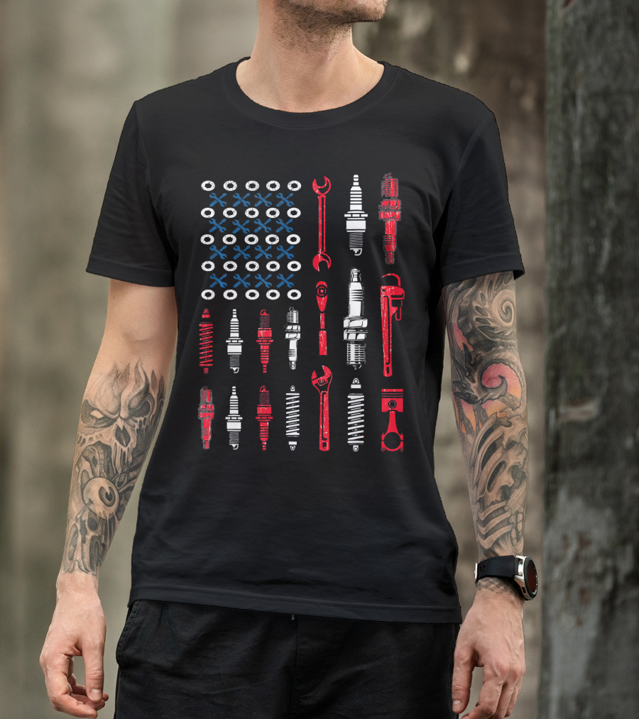 Mechanics Toolbox American Flag Wrench Spark Plug Piston T-Shirt