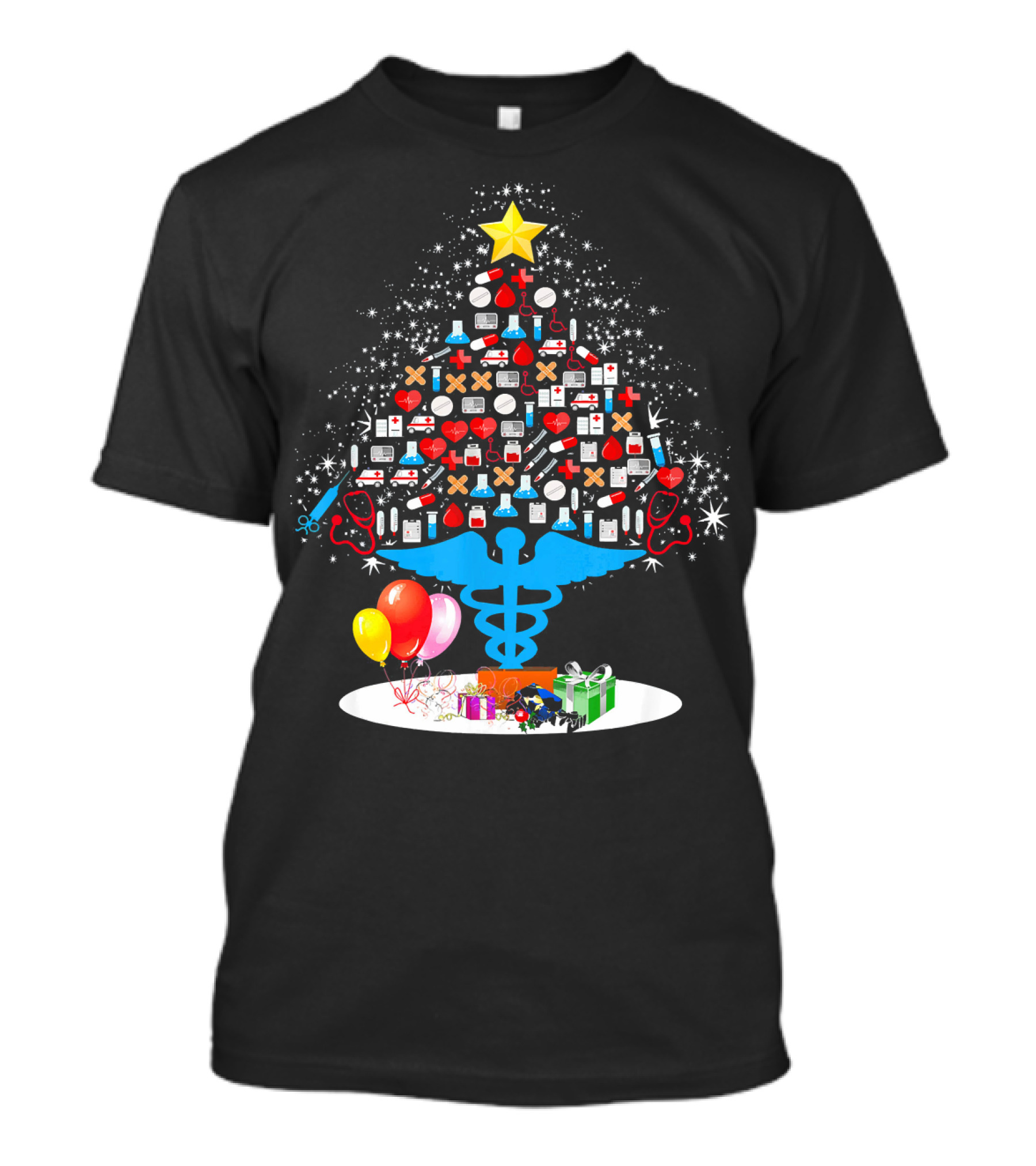 Medical Tools Christmas Tree Funny Nurse Caduceus Star Gift Balloons T-Shirt
