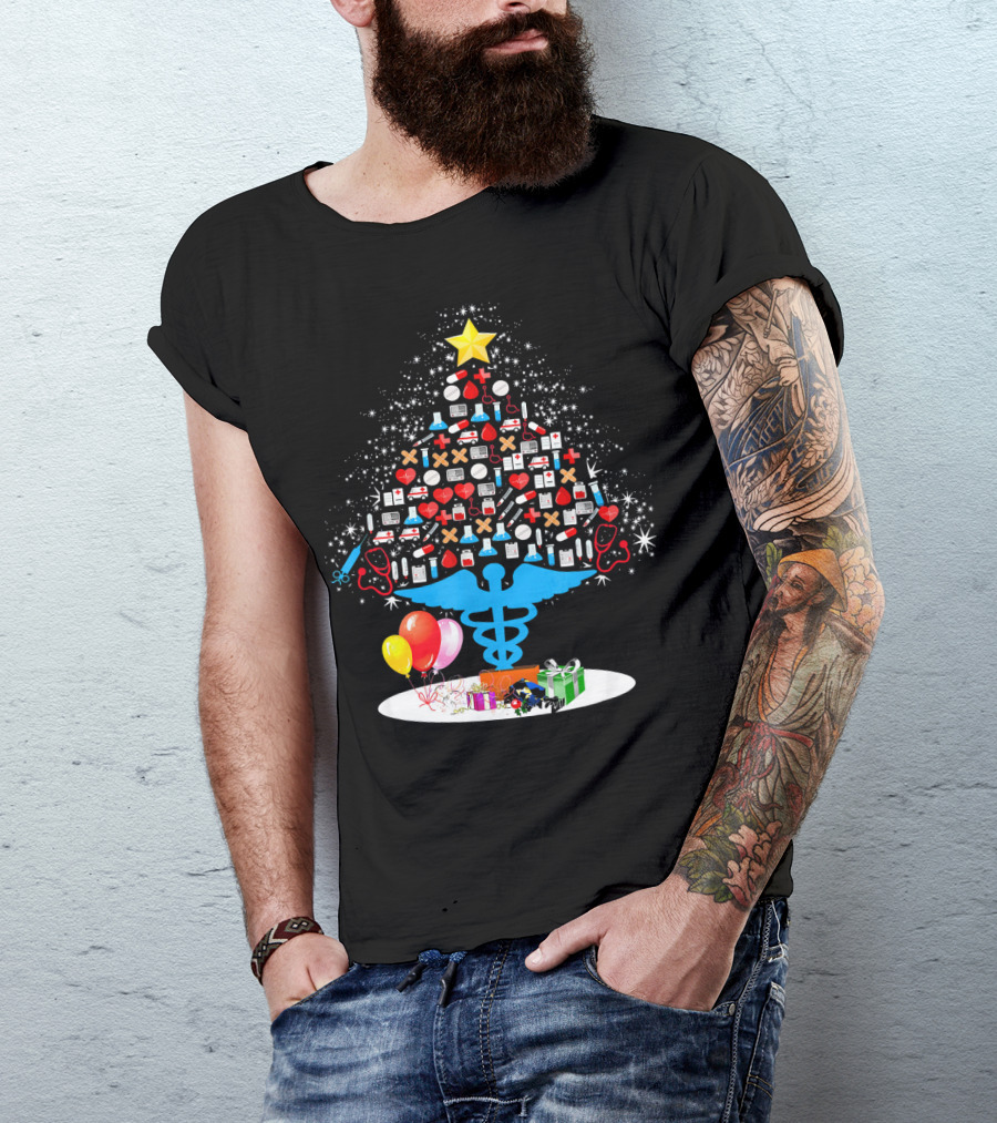 Medical Tools Christmas Tree Funny Nurse Caduceus Star Gift Balloons T-Shirt