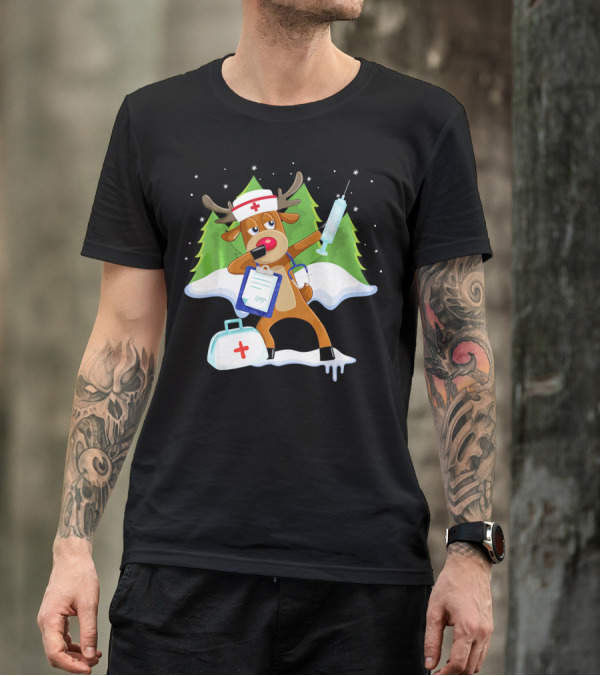 Medical Scrub Top Reindeer Nurse With Clipboard Syringe And Medical Bag In Snowy Forest T-Shirt
