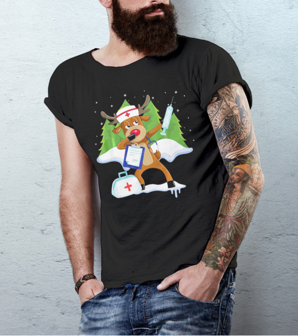 Medical Scrub Top Reindeer Nurse With Clipboard Syringe And Medical Bag In Snowy Forest T-Shirt
