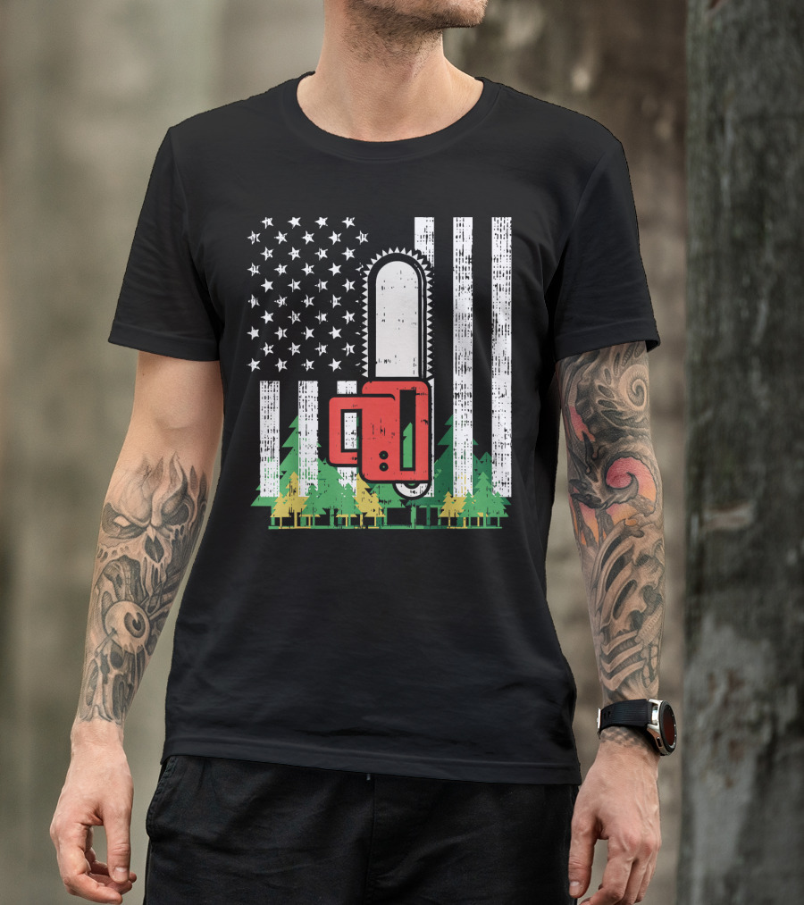Mens USA Flag Chainsaw Woods Patriotic Forest Americana T-Shirt