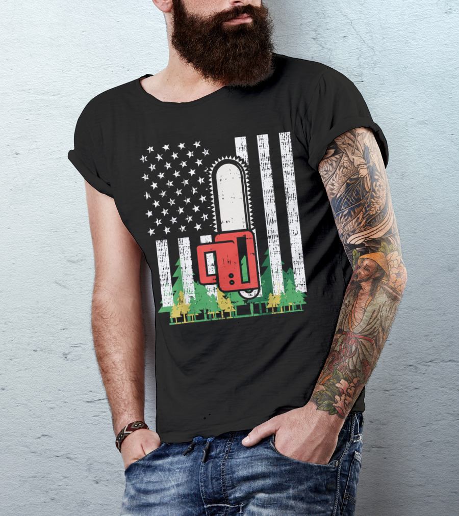 Mens USA Flag Chainsaw Woods Patriotic Forest Americana T-Shirt