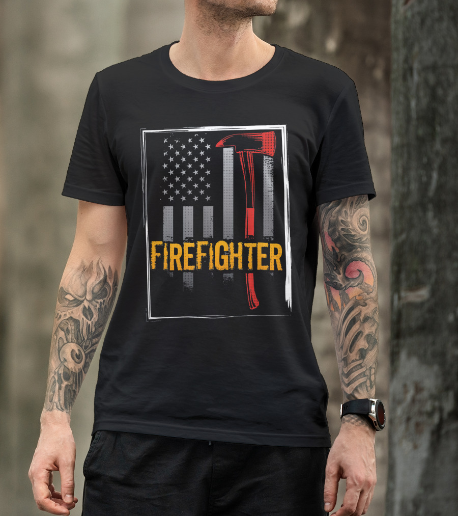 Firefighter USA Flag With Red Fire Axe T-Shirt
