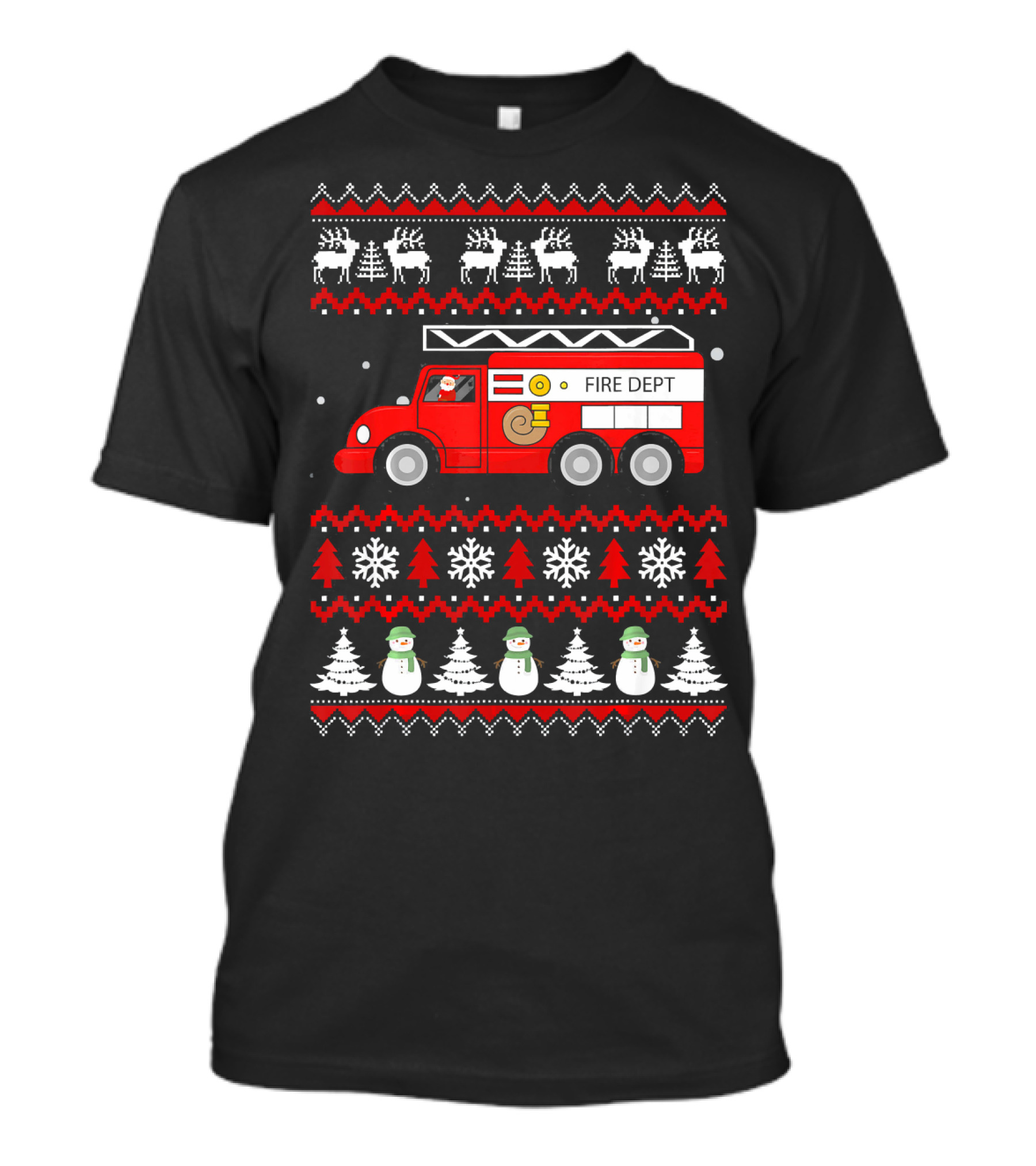 Merry Christmas Fire Department Truck Snowflakes Reindeer Trees T-Shirt