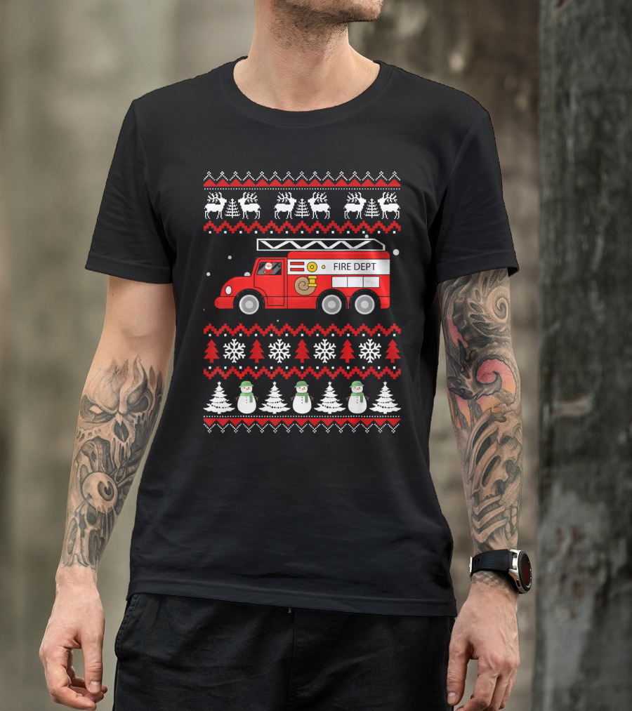 Merry Christmas Fire Department Truck Snowflakes Reindeer Trees T-Shirt