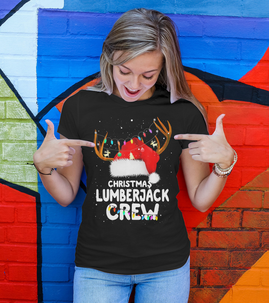 Christmas Lumberjack Crew Santa Reindeer Antlers Lights T-Shirt