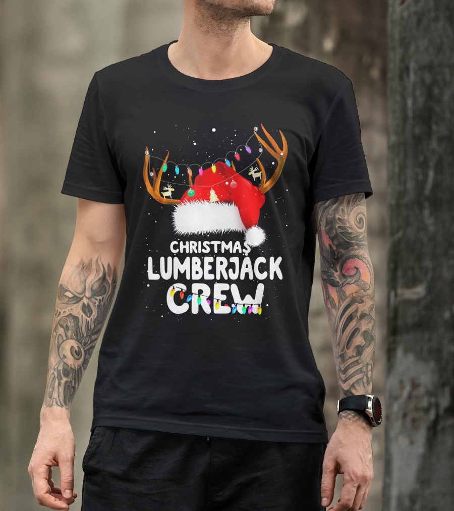 Christmas Lumberjack Crew Santa Reindeer Antlers Lights T-Shirt