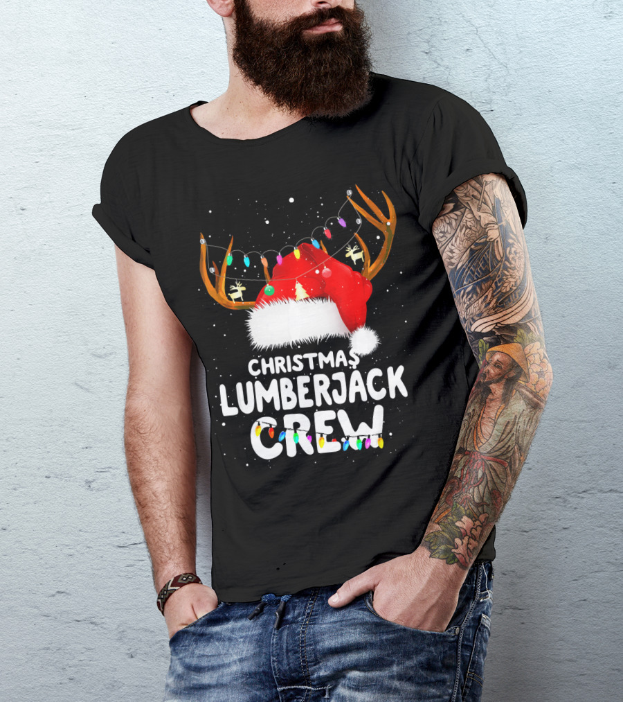 Christmas Lumberjack Crew Santa Reindeer Antlers Lights T-Shirt