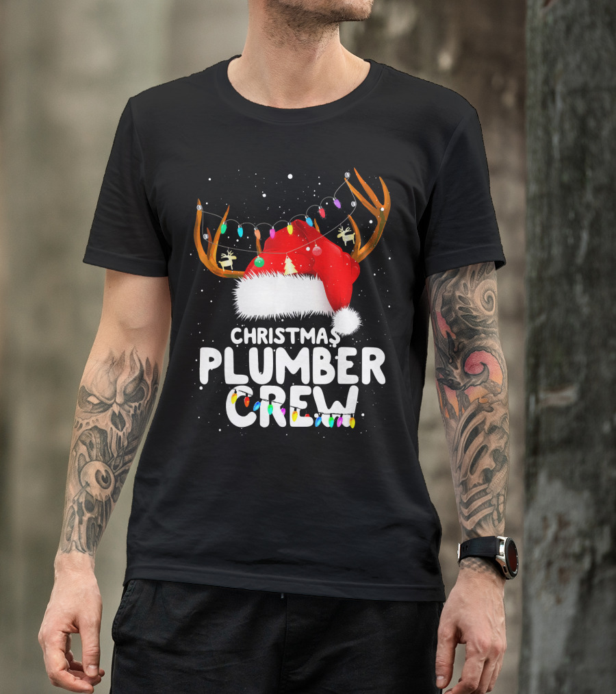 Christmas Plumber Crew Santa Hat Reindeer Lights T-Shirt