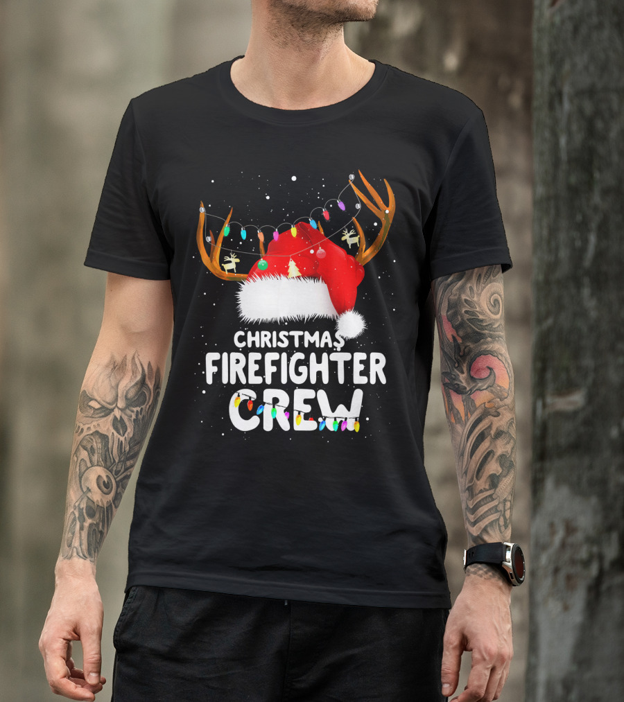 Christmas Firefighter Crew Santa Hat Reindeer Lights T-Shirt