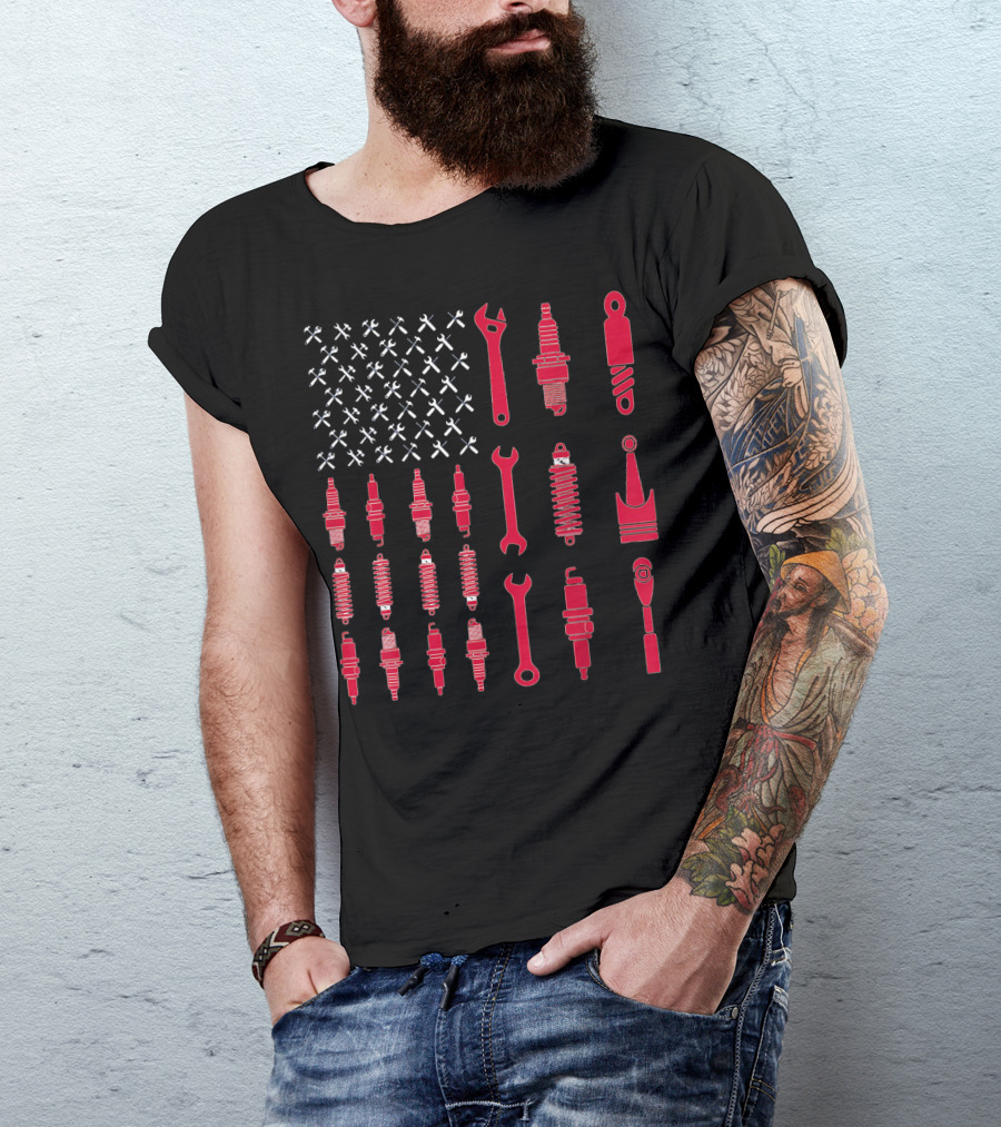 Mechanic Patriotic USA Tools And Spark Plugs T-Shirt