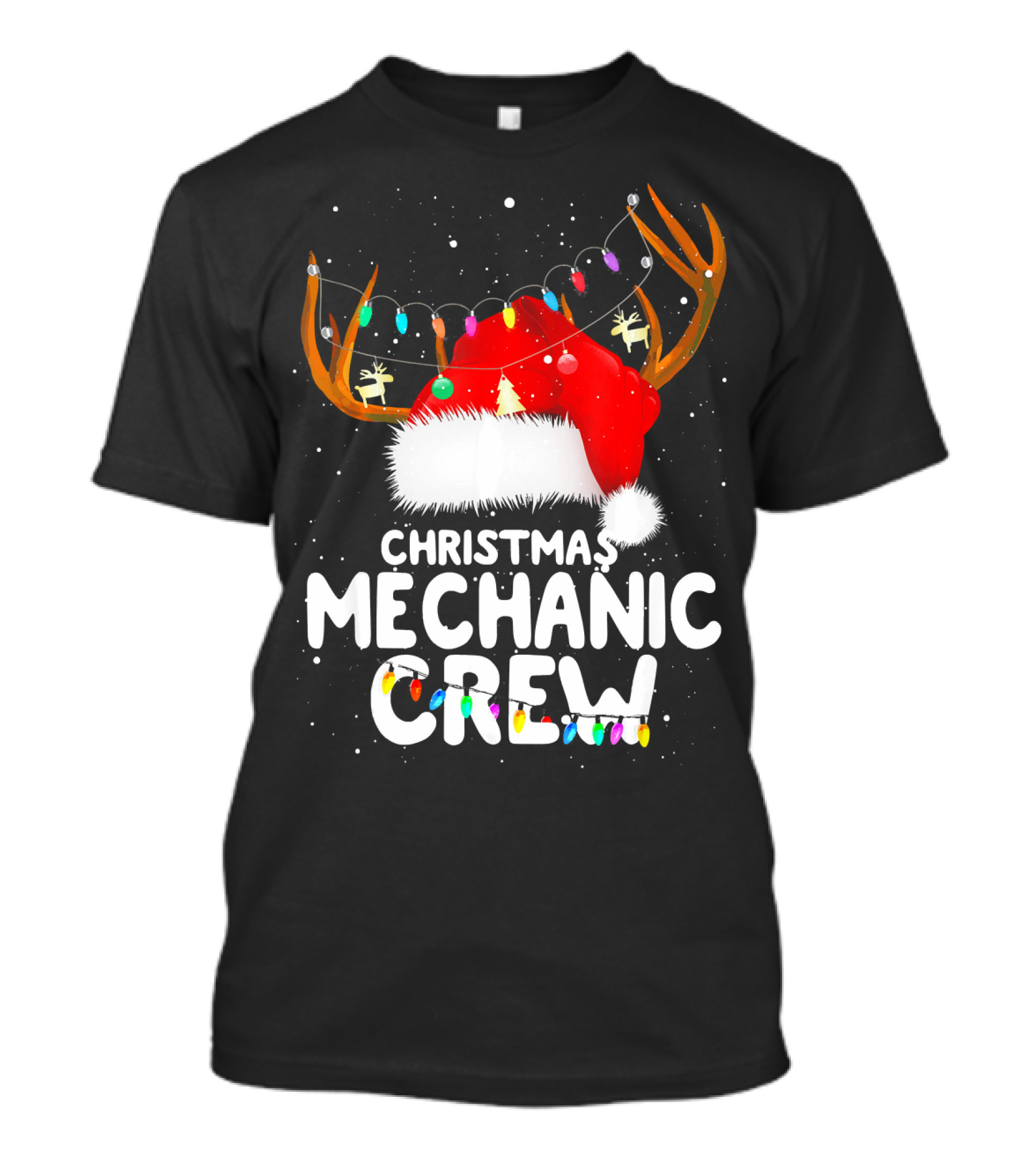 Christmas Mechanic Crew Santa Hat Reindeer Antlers Lights T-Shirt