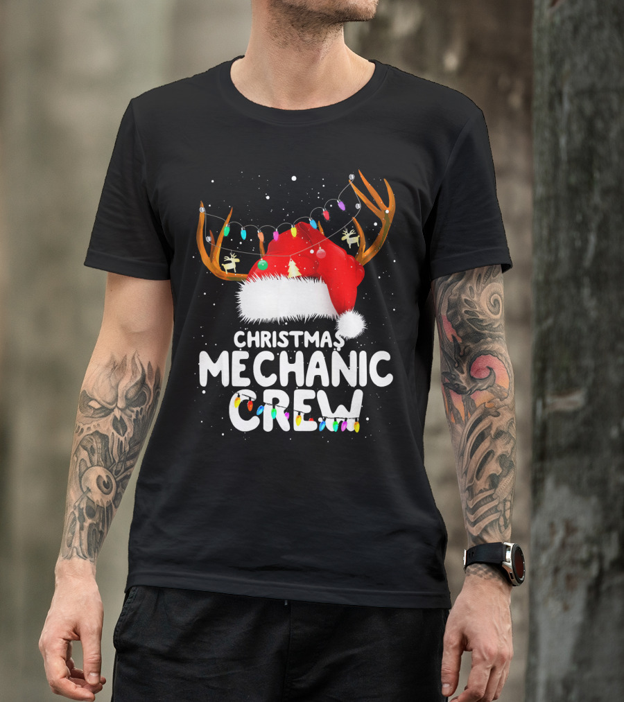 Christmas Mechanic Crew Santa Hat Reindeer Antlers Lights T-Shirt
