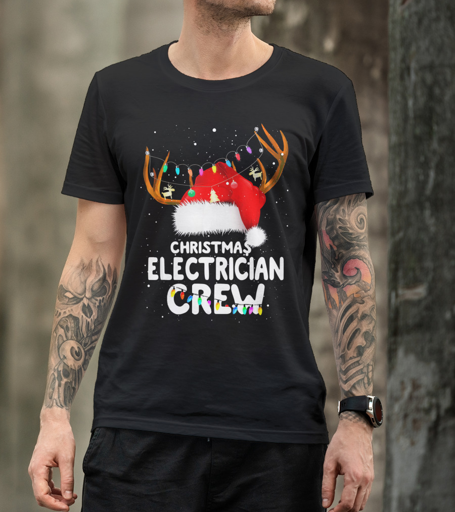Christmas Electrician Crew Santa Reindeer Antlers With Lights T-Shirt