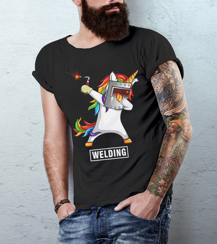 Mens Welder Funny Dabbing Welding Unicorn T-Shirt