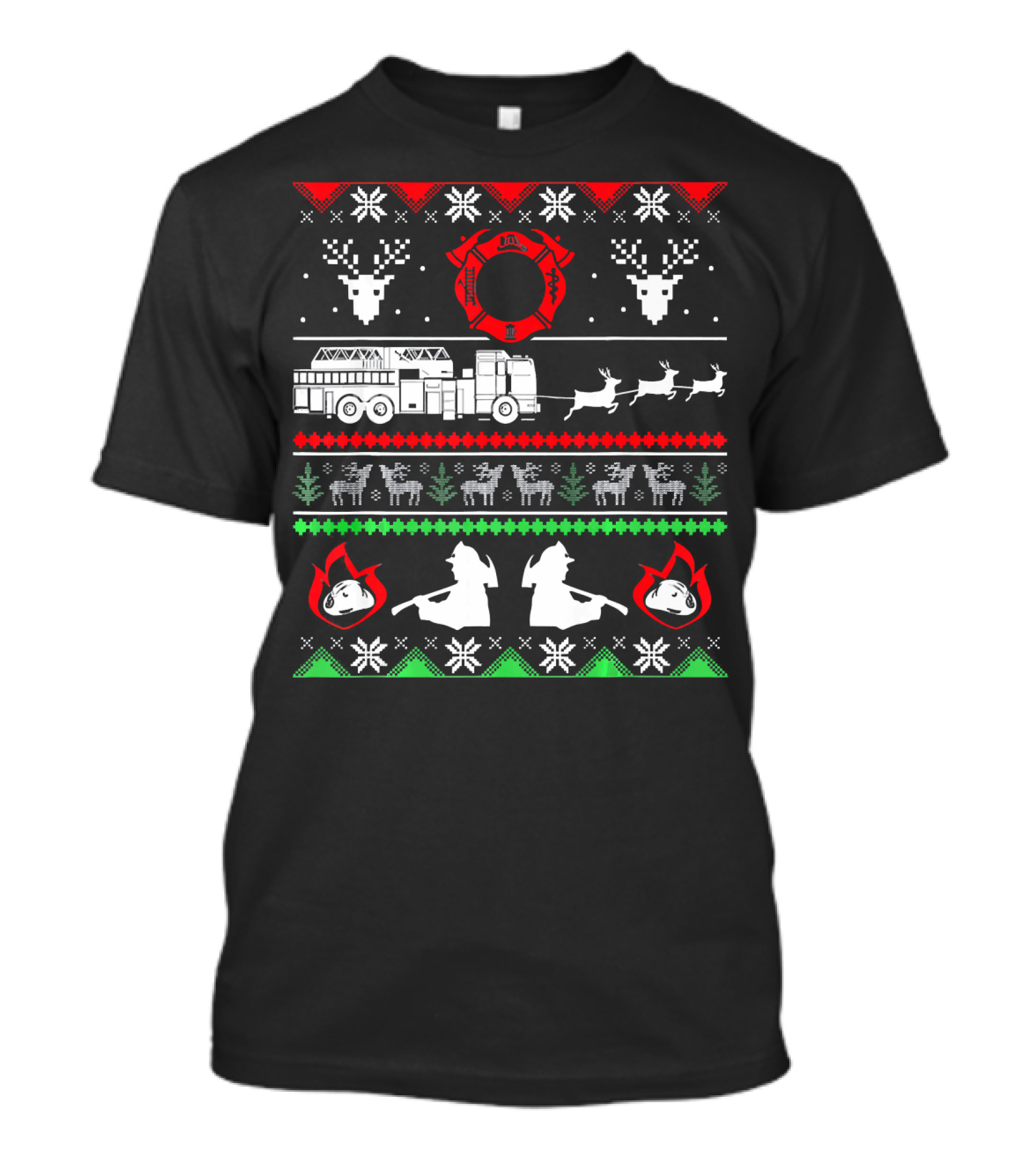 Merry Firefighter Fireman Christmas Reindeer Fire Truck Holiday Sweater Firefighter Emblem T-Shirt