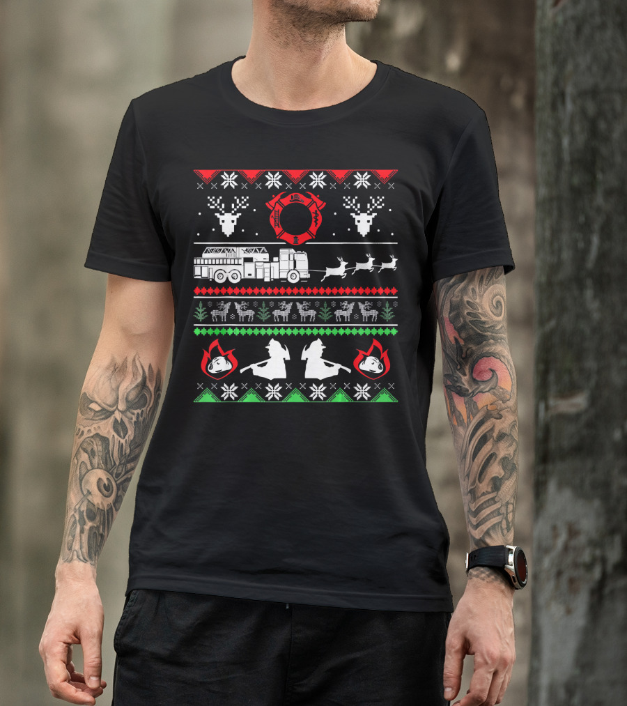 Merry Firefighter Fireman Christmas Reindeer Fire Truck Holiday Sweater Firefighter Emblem T-Shirt
