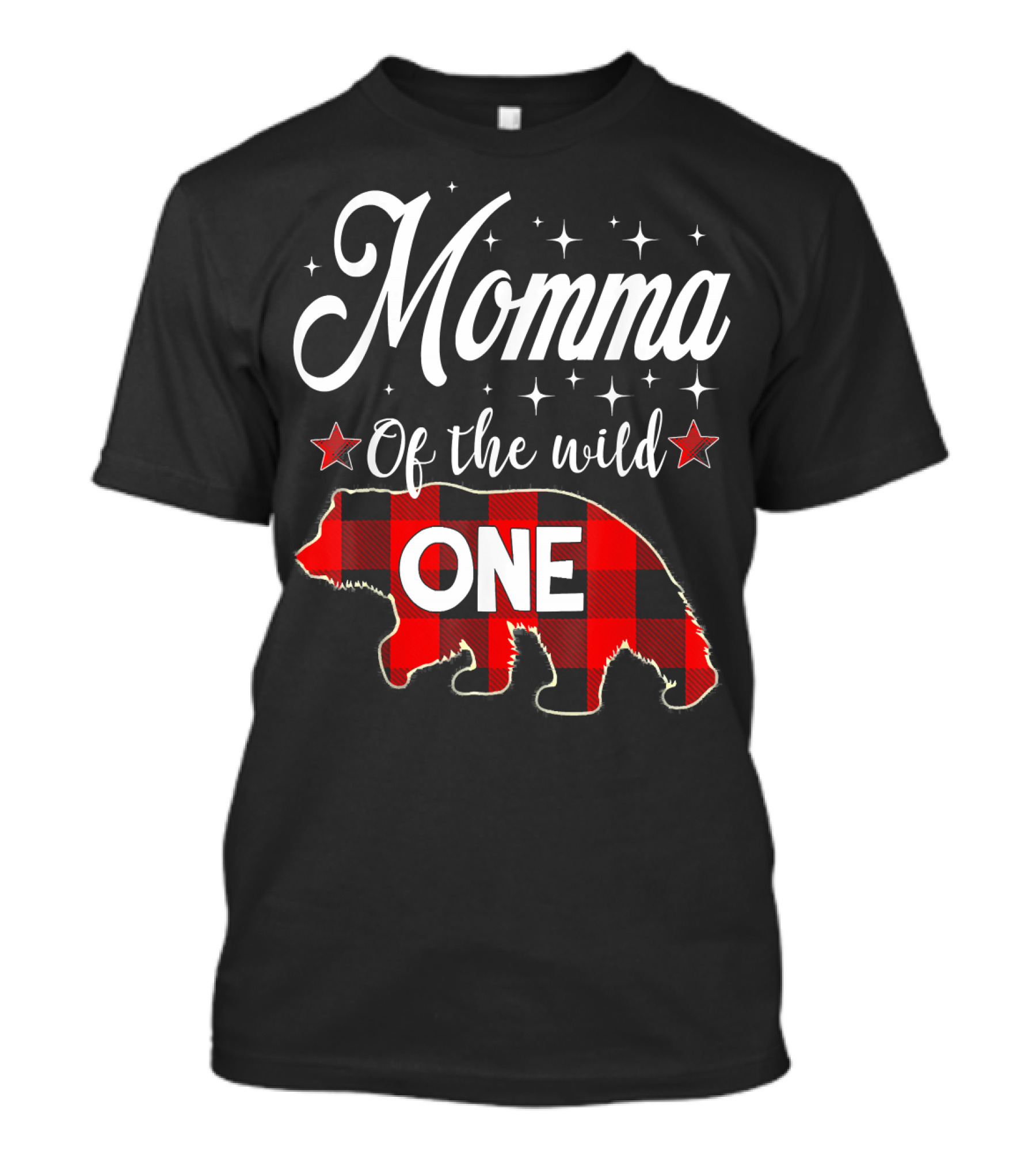 Momma Of The Wild One Buffalo Plaid Bear Stars T-Shirt