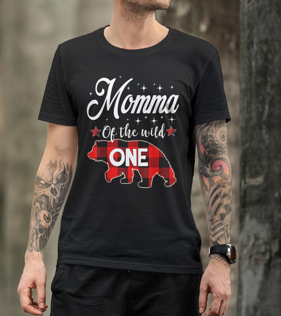 Momma Of The Wild One Buffalo Plaid Bear Stars T-Shirt