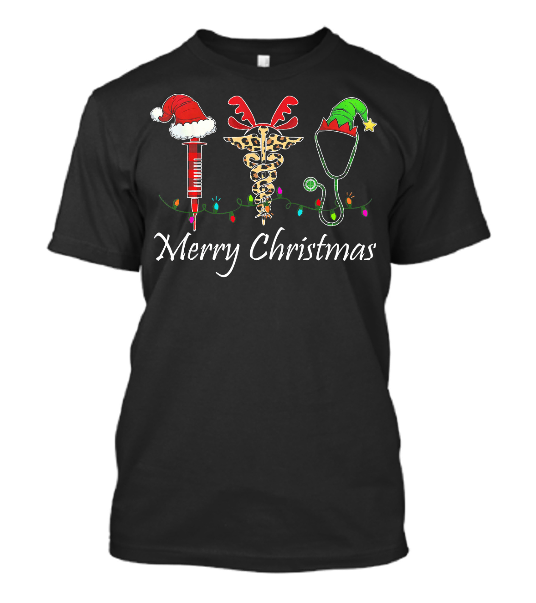 Merry Christmas Nurse Nursing Santa Syringe Reindeer Caduceus Elf Stethoscope T-Shirt