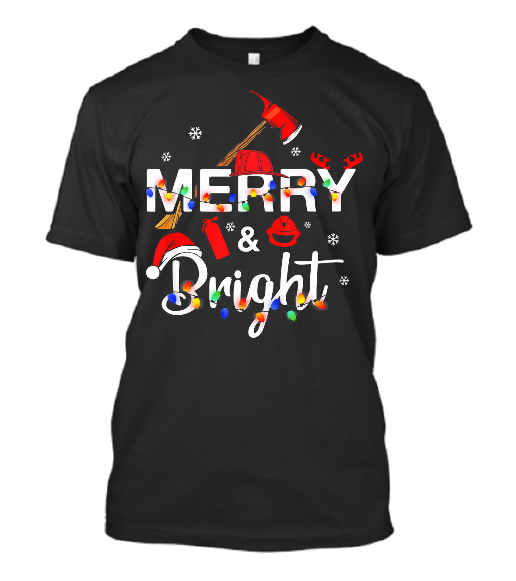 Men Firefighter Merry And Bright Christmas Lights And Symbols T-Shirt