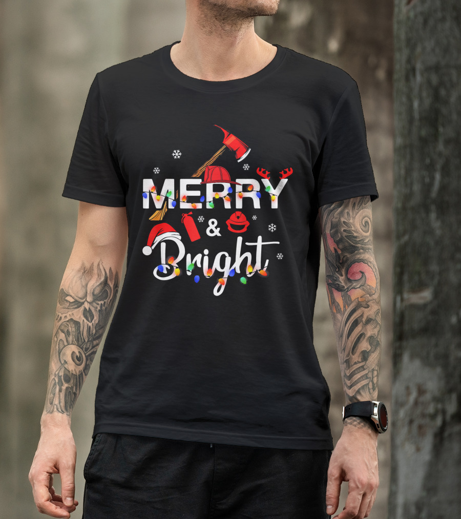 Men Firefighter Merry And Bright Christmas Lights And Symbols T-Shirt