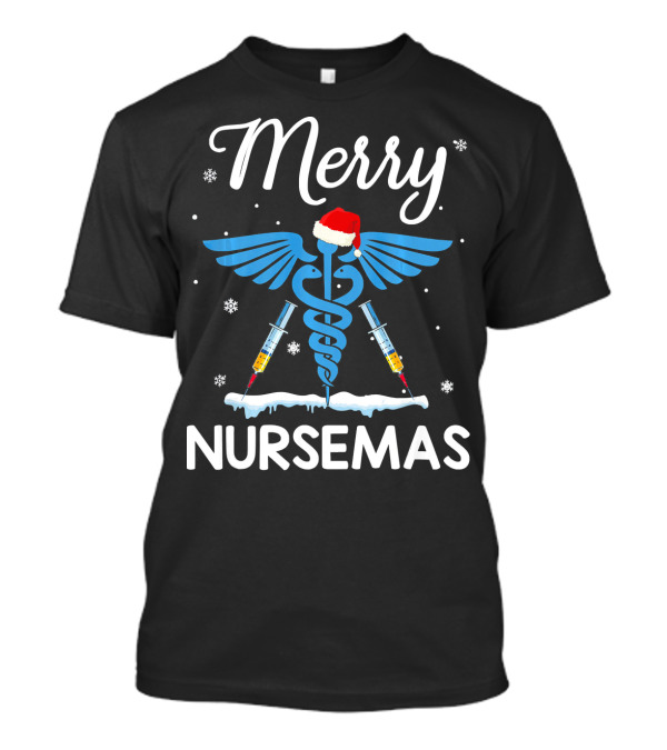 Merry Nursemas Christmas Nurse Santa Hat Syringes Caduceus Snowflakes T-Shirt