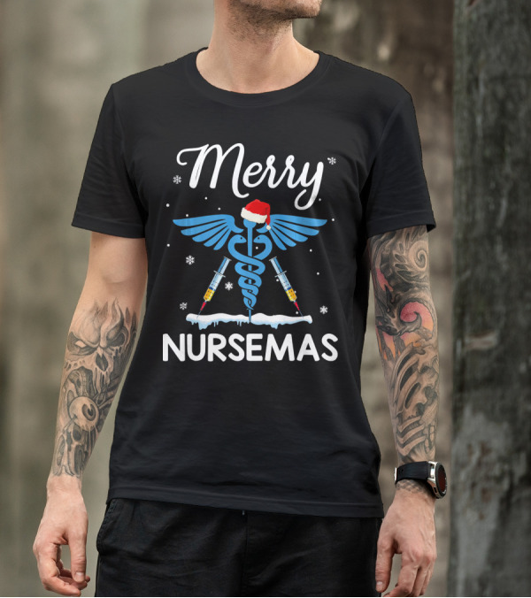 Merry Nursemas Christmas Nurse Santa Hat Syringes Caduceus Snowflakes T-Shirt