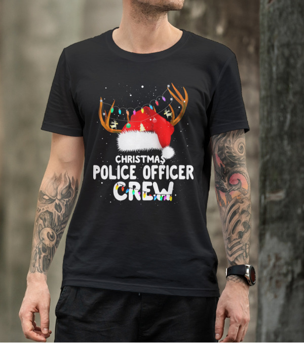 Christmas Police Officer Crew Santa Hat Lights Antlers T-Shirt