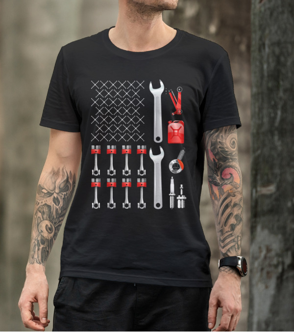 Mechanic USA Flag Tools Pistons Spark Plugs Wrench T-Shirt
