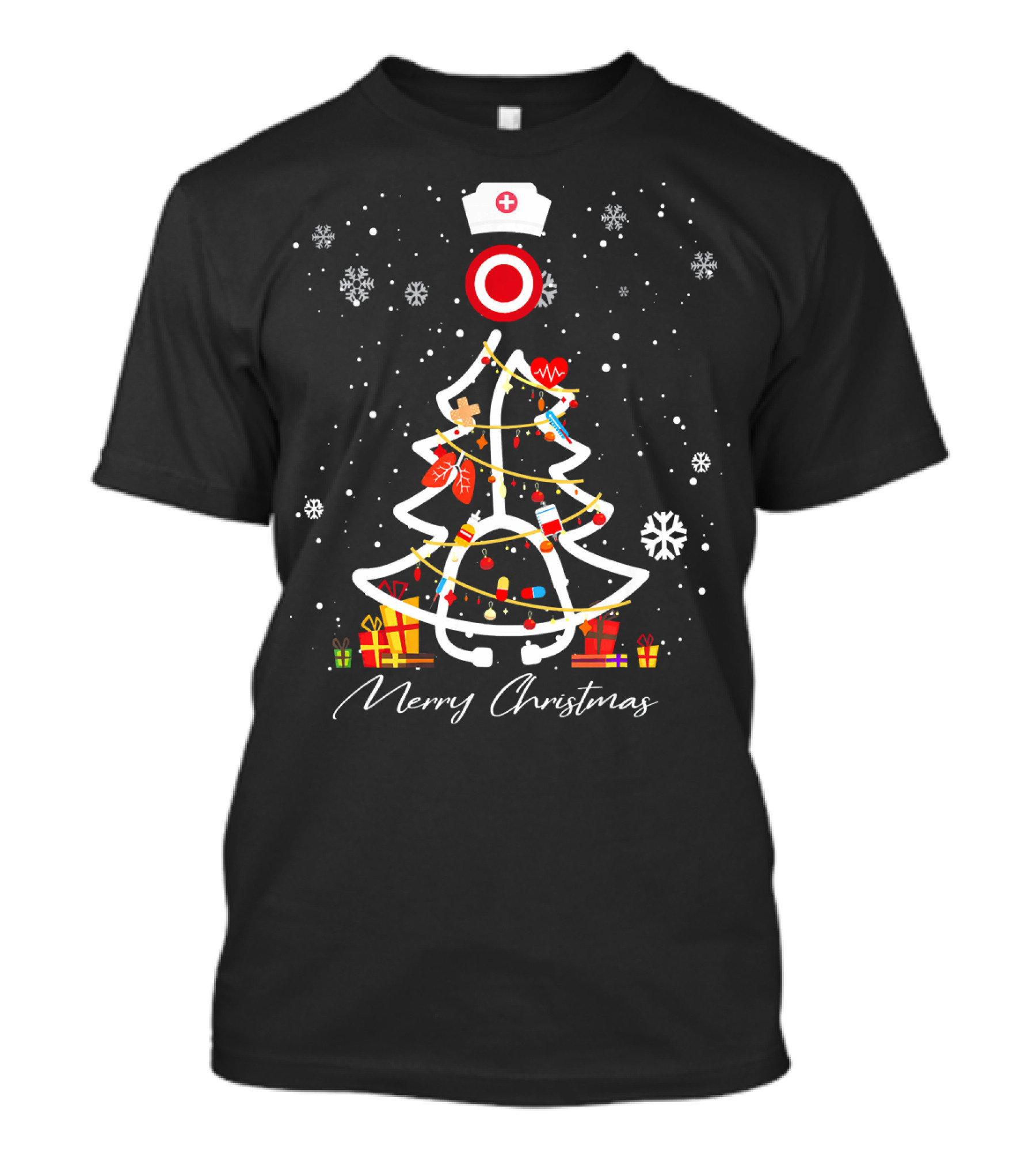 Merry Christmas Nurse Stethoscope Tree With Nurse Hat And Gifts T-Shirt